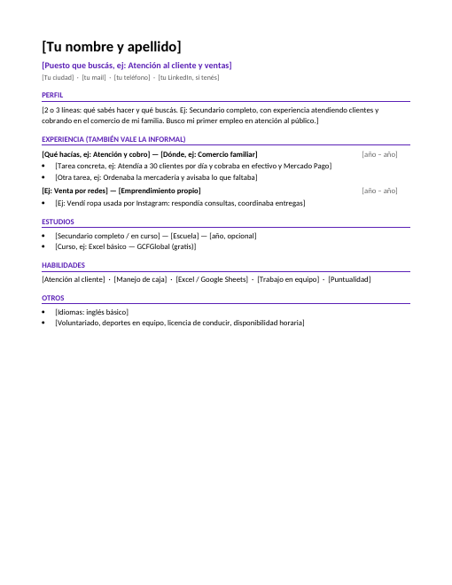 Vista previa de la plantilla Primer empleo o sin experiencia